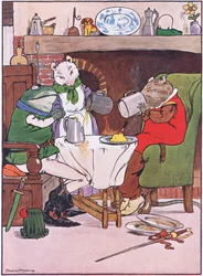 Be Mistress Mouse vill du ge oss lite öl, illustration från "The Frog would a Wooing Go", av Charles H. Bennett, 1916